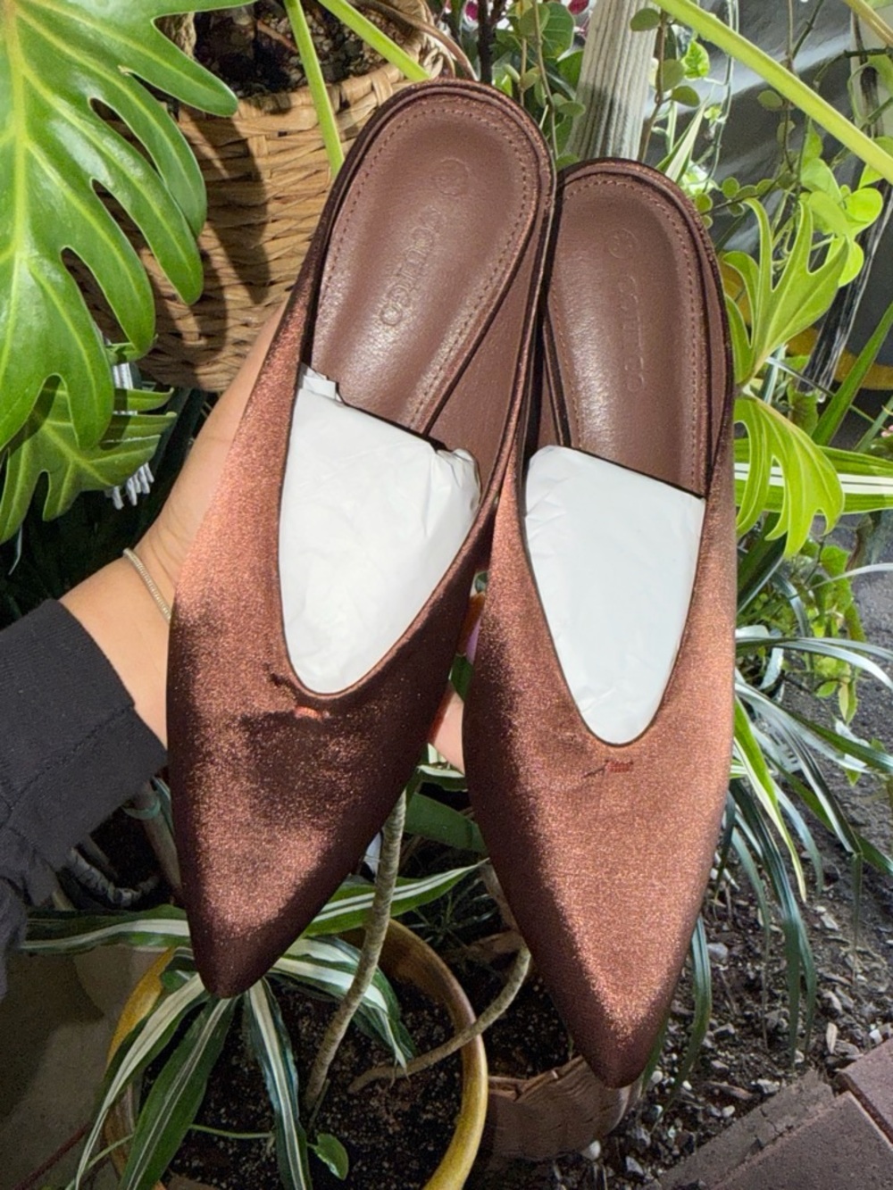 Satin Pointed-Toe Backless Mules heeled- Brown